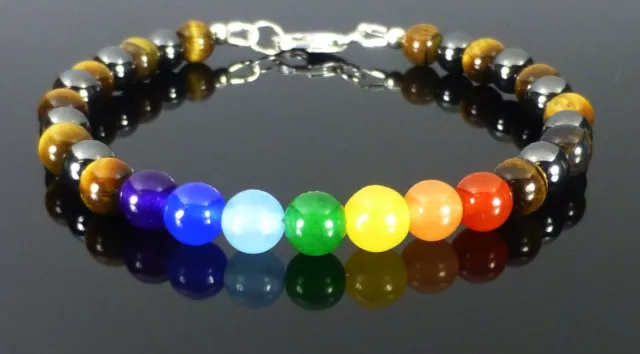 Sterling Silver CHAKRA BRACELET Tiger's Eye and Hematite