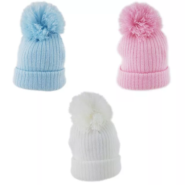 Baby Winter Pom Pom Hat Rib Knit Boys Girls Blue Pink White Newborn To 12 Months