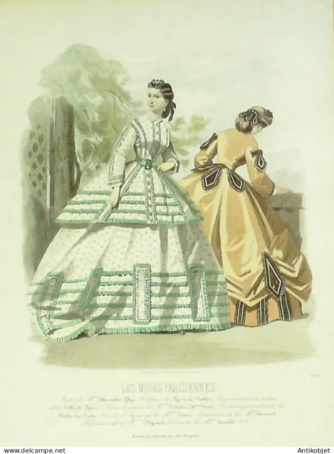 Gravure Modes parisiennes 1864 n°1123 Robe voilage et mantelet corset brodé