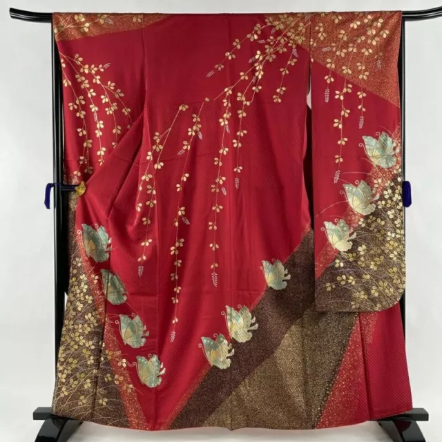 Woman Japanese Kimono Furisode Silk Butterfly Bush Clover Gold Silver Foil Red