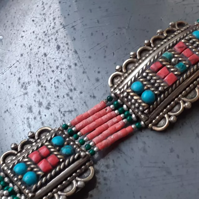 Vintage Sterling Silver Tibetan Coral and Turquoise Bracelet