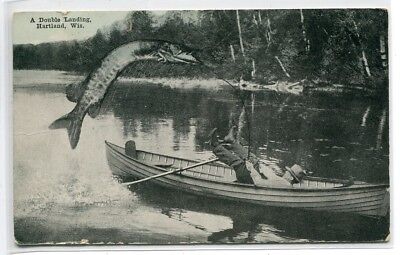 Exaggeration Fish Fishing Double Landing Hartland Wisconsin 1910c postcard