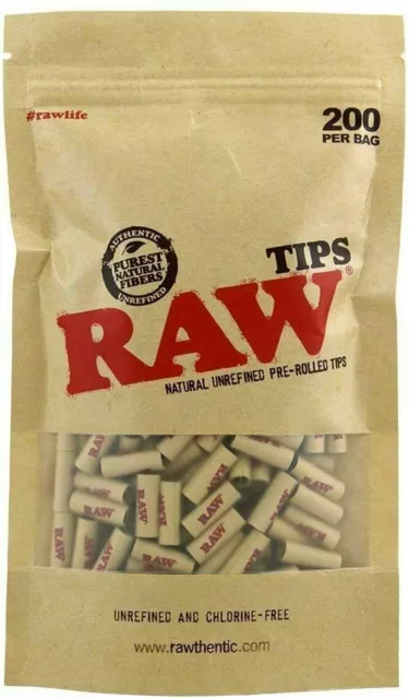 RAW Natural Unrefined Pack of 200 Pre Rolled Round & Smooth Filter Tips Bag