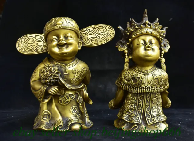 9.2" Chinese Pure Brass Fengshui Tong Nan Tong Nv Statue Pair