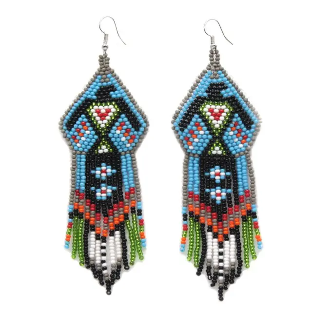 Handmade Beaded Native Inspired Cyan Blue Black Eagle Hook Earrings 61/39