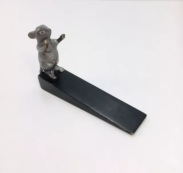 Vintage Brass Mouse Doormouse Holding Door Stop Stopper with Black Wood Wedge