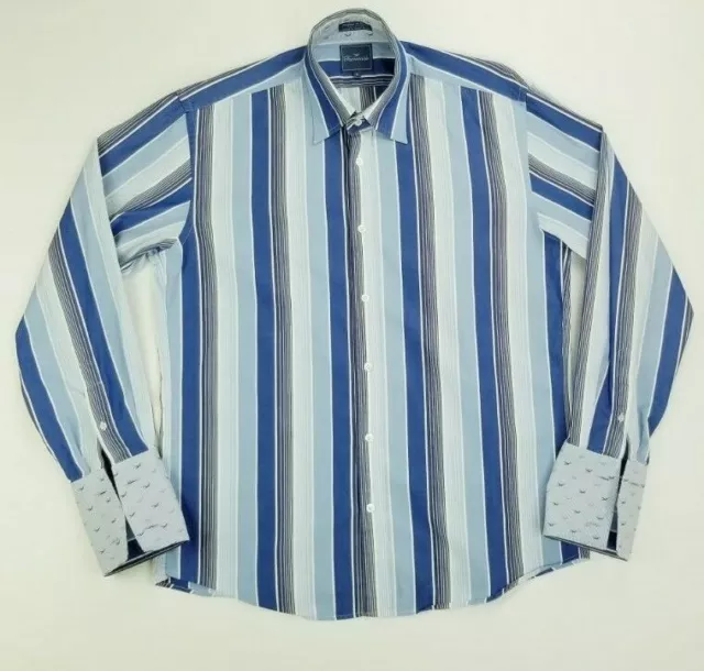 Faconnable Medium Mens Blue White Black Stripe French Cuff Cotton Logo Tag Shirt