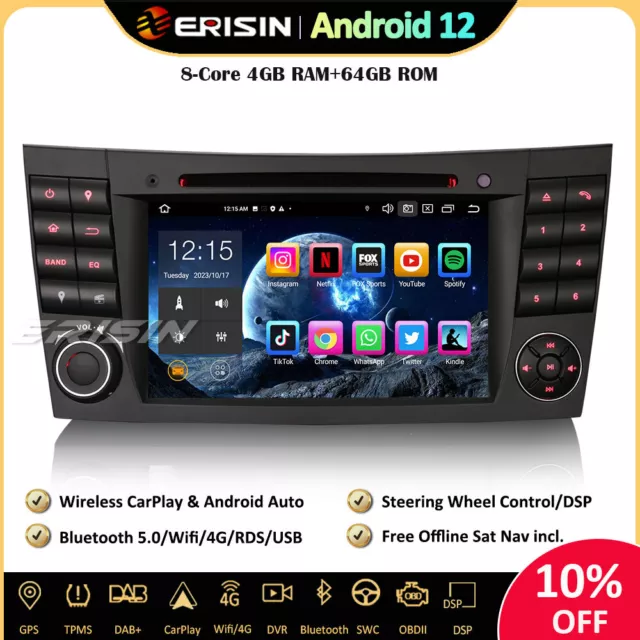 64GB Android 12 Autoradio GPS DAB+ CarPlay Mercedes CLS/G/E Class W211 W219 W463