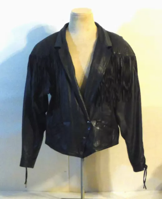 VTG Womens 1980's " Bermans" Black Fringed Leather Biker, Rocker Jacket, Large