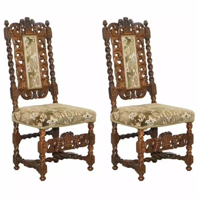 Very Rare Pair Of 18Th Century Fruitwood Heavily Carved Chair Cherubs Crown