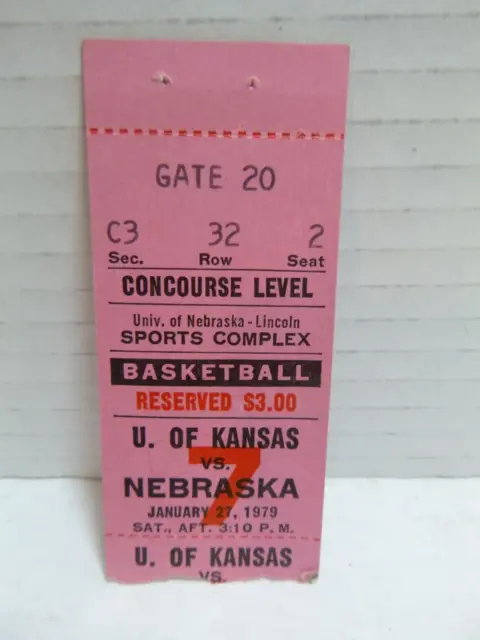 1979 Nebraska Cornhuskers v Kansas Jayhawks Basketball Ticket Stub