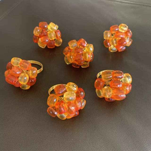 Set of 6 Orange Floral Plastic Bead Gold Tone Napkin Rings Elegant Thanksgiving