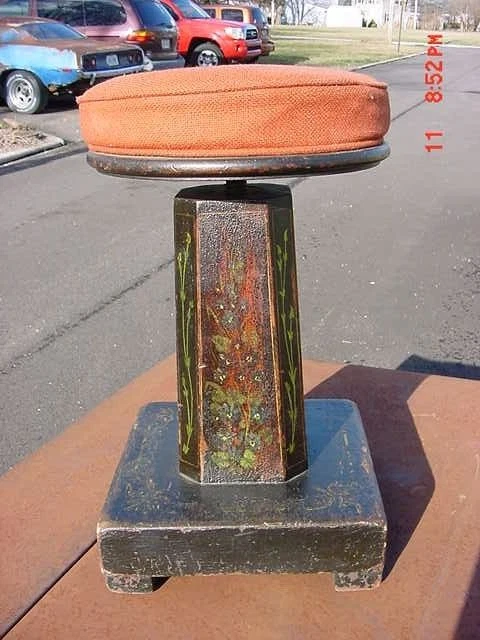 Rare Antique Folk Art Hand Painted Wooden Adjustable Piano Stool