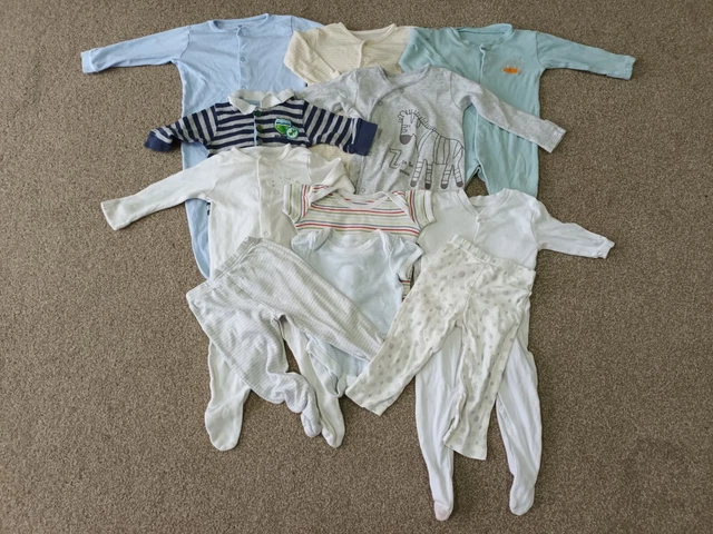 Baby Boys Bundle Of 11 Items Babygrows Vests Trousers 3-6 Months Sleepsuits