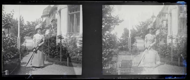 Femme élégante Jardin Mode c1900 Photo NEGATIVE Vintage Plaque verre V35L17n4