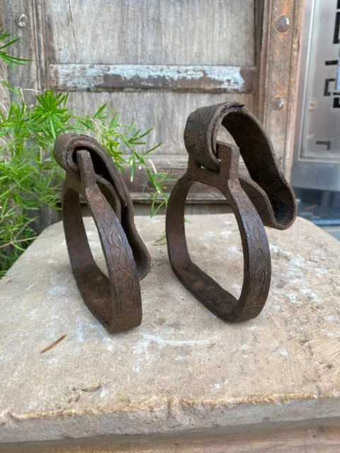 Vintage Hand Forged Pair of Iron Horse Saddle Stirrups Leather Straps Attached