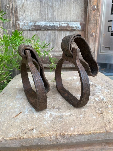 Vintage Hand Forged Pair of Iron Horse Saddle Stirrups Leather Straps Attached