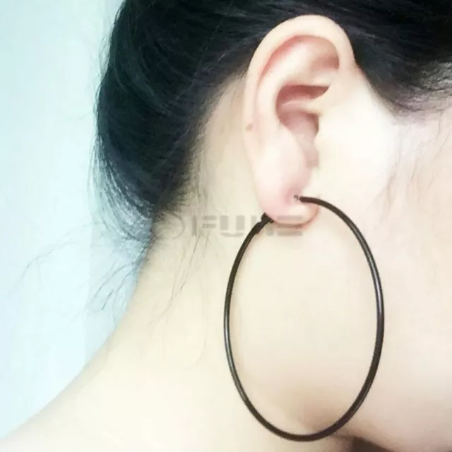 60mm Black Women Stainless Steel Big Large Round Circle Hoop Earrings