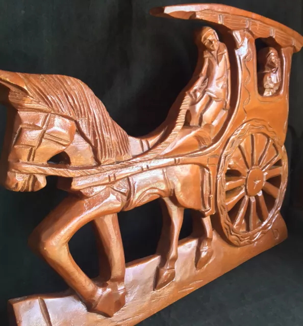 Vintage WOOD Hand Carved Horse Drawn Carriage Caravan ARTISAN Wall Hanging RARE 3