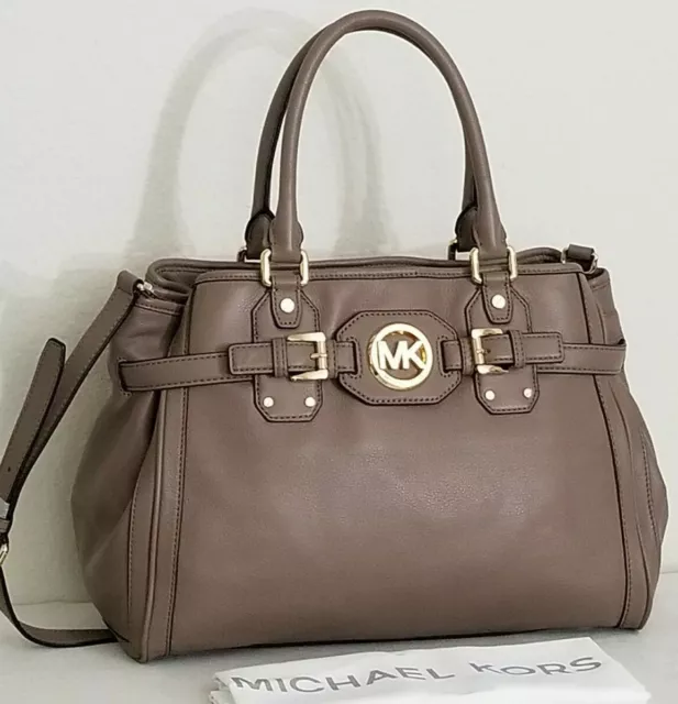🌞Michael Kors Hudson Dark Dune Tan Khaki Gold Logo Belted Large Tote Bag Nwt!