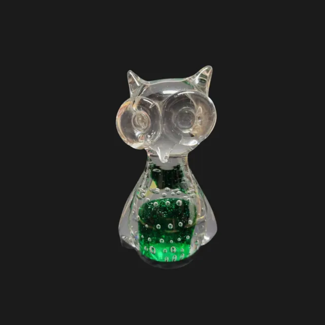 Big Eyed Owl Paperweight Blown Glass Green Bubbles Bird Figurine Office Decor