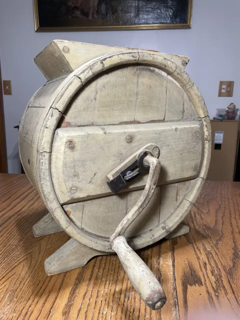 Antique Primitive Wood Cylinder Barrel Butter Churn Paint Paddle Iron Crank 😍
