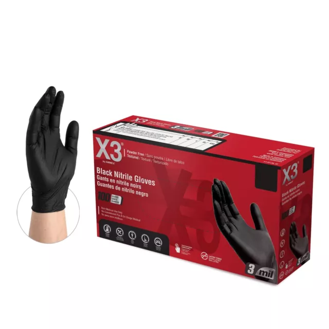 X3 Black Nitrile Industrial Disposable Gloves 3 Mil, Latex Free, Food-Safe