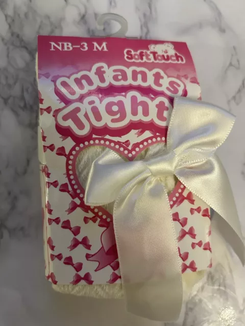 Baby Mädchen wunderschöne Schleife Strumpfhose aus Band weiß spanisch brandneu mit Etikett 0-3 Monate