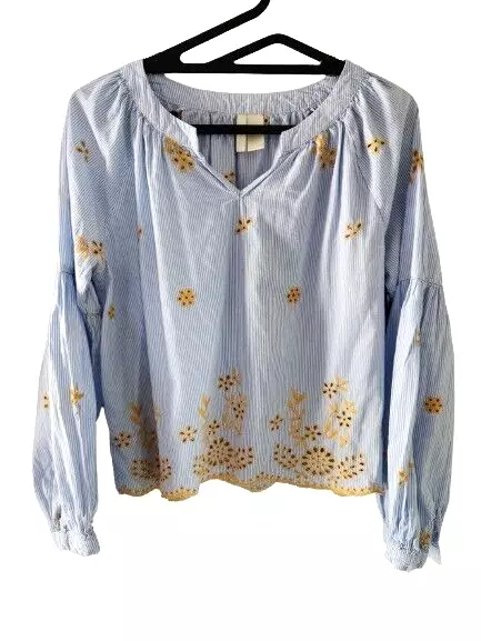 ANTHROPOLOGIE Japna Embroidered Tunic Top/Blouse Size M Blue/Multi Floral/Stripe
