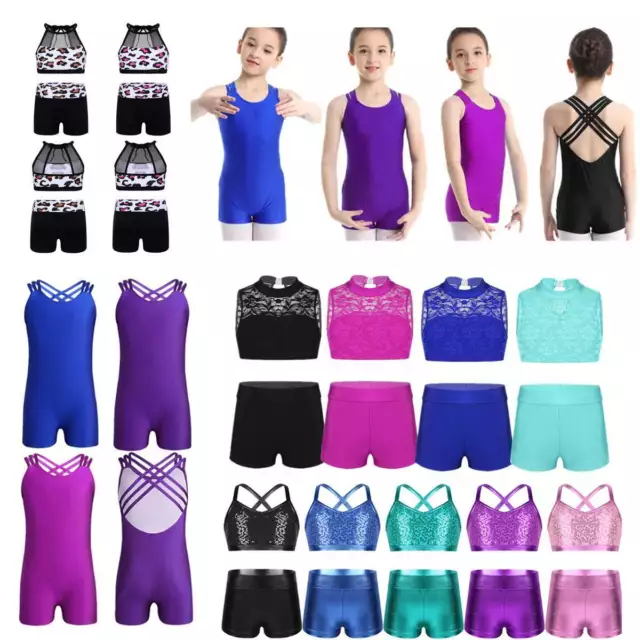 Kids Girls Sports Tank Top Shorts Set Gymnastics Dancing or Swimming Costumes