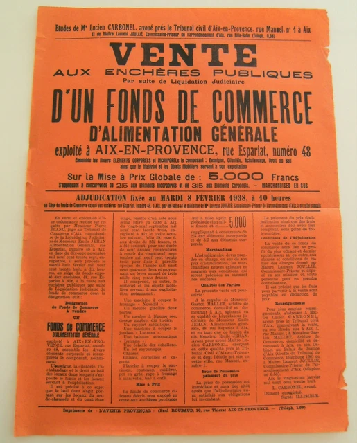 Affiche vente enchère commerce alimentation générale 1938 vintage rétro Aix