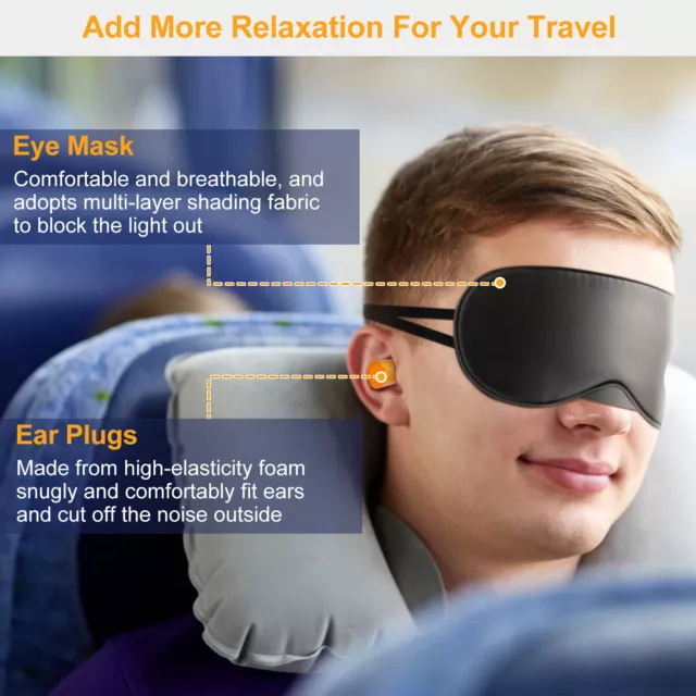 U Shape Inflatable Neck Pillow Set Office Nap Car Airplane Cushion w/Eye Mask US 5