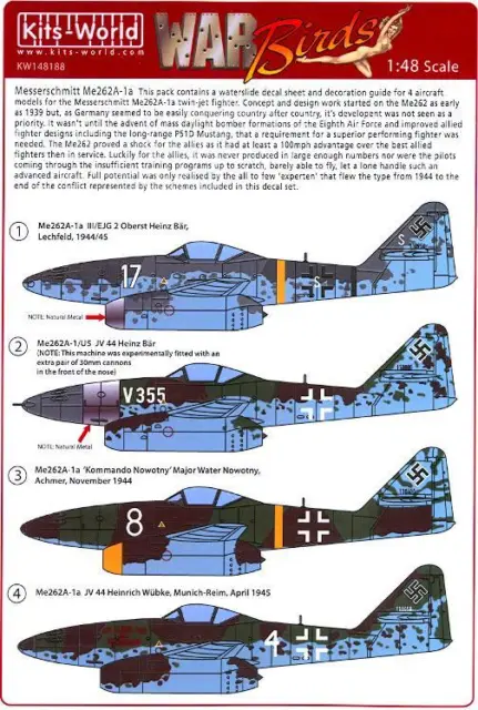 Kits World Decals 1/48 MESSERSCHMITT Me-262A-1A German Jet Fighter
