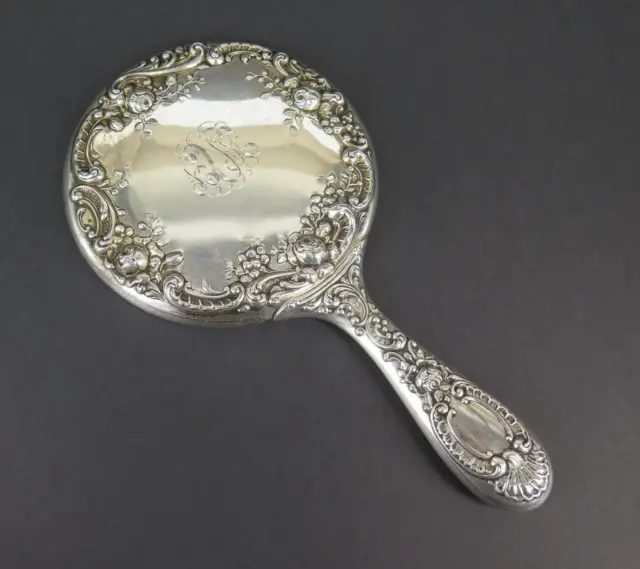 Antique Gorham, USA Sterling Silver Hand Held Repousse Dressing Table Mirror