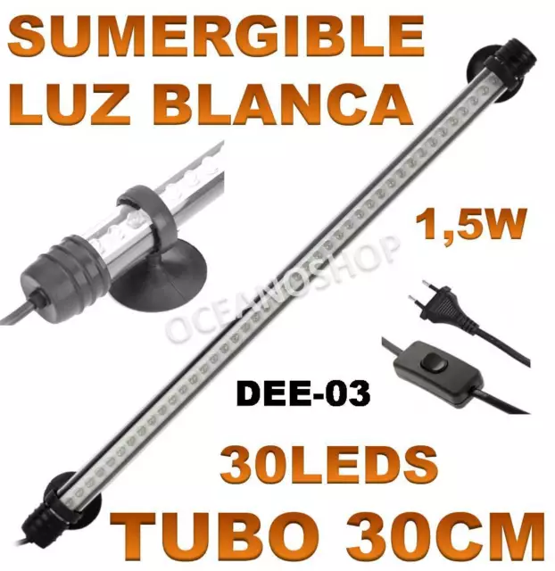 Tubo 30Cm Pantalla Sumergible 1,5W Acuario Led Luz Blanca Gambario Pecera Leds