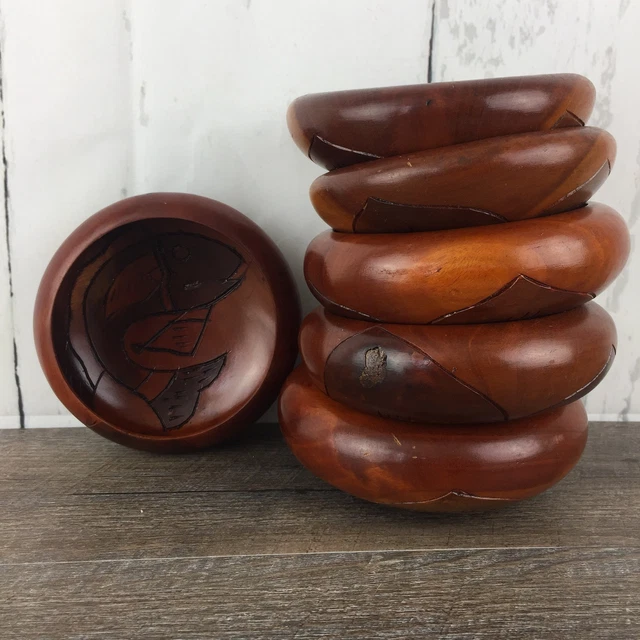 Set of 6 Hand Carved Fish Wooden Salad Bowl Primitive Asian Mid Century MCM Boho