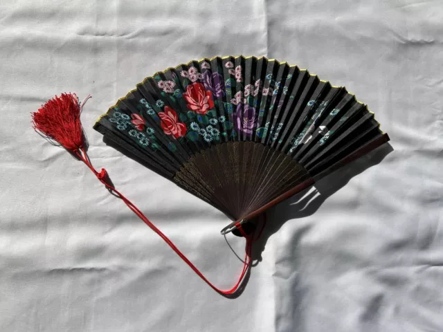 Vintage Oriental Black Hand Fan with Red Tassel