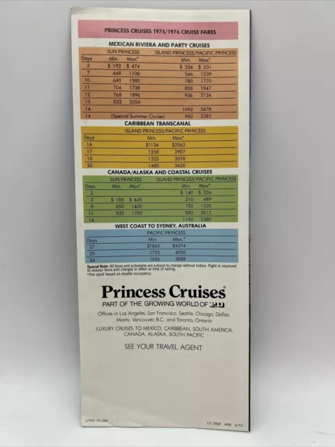 1975 PRINCESS CRUISES Mexico Caribbean Canada Alaska Australia Fares Schedules 2