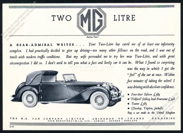 1937 MG Two Litre convertible car photo UK vintage print ad