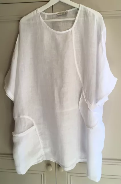 HARIS COTTON pure linen 3/4 sleeve longline top in chalk  Sz L / XL