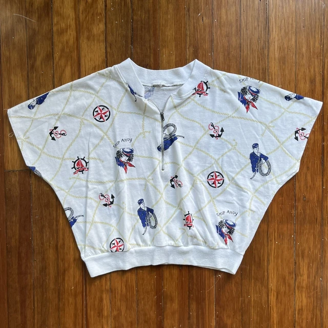 Vtg 1970s All Over Print Sailing Shirt Dolman Sleeve Cropped 1/2 Zip USN Sz S