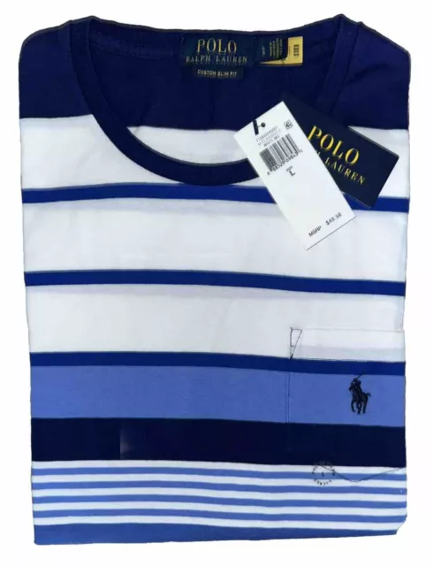 Polo Ralph Lauren Men’s Custom Slim Fit Crew Neck Blue-Multi Stripe Shirt LARGE