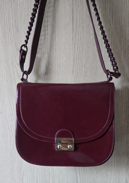 Sac à Main PRÜNE En Cuir Vernis Couleur Campari - TBE Occasion - Style Années 90