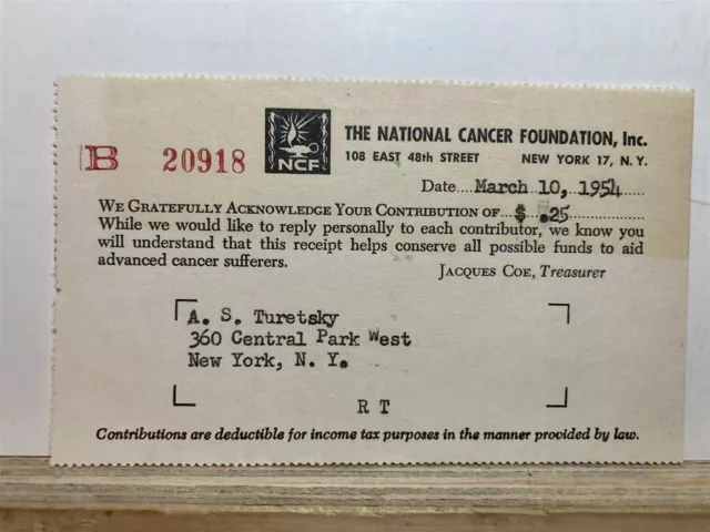 1954 National Cancer Foundation Inc Contribution Receipt New York City NY NYC