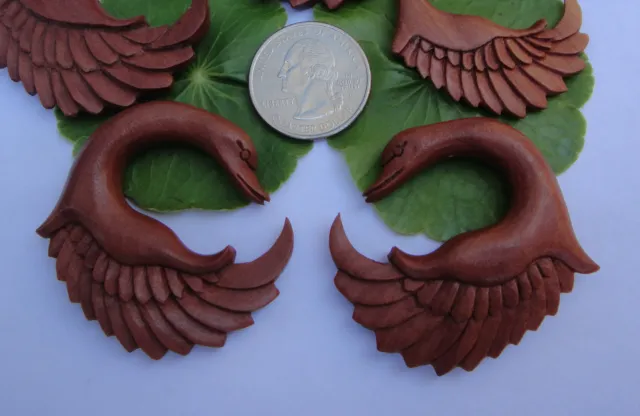 Pair Carved Organic Tribal Feather Wing Swan Sawo Wood Spirals Ear Plugs Gauges