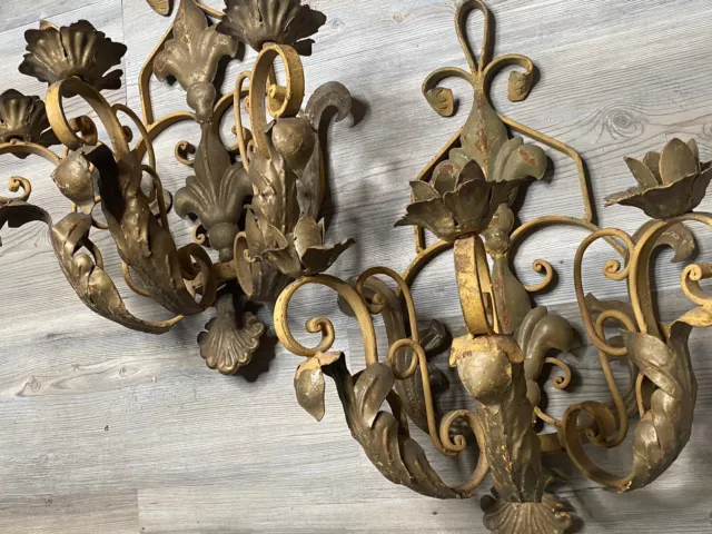 LARGE PAIR  Theater WROUGHT IRON WALL SCONCE CANDLE HOLDERS HEAVY  Gold  Floral