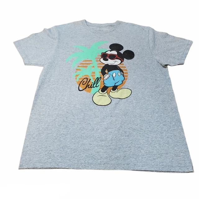 Men's Disney Mickey Mouse Chill Vacation Cartoon Gray T-Shirt Retro Tee Large