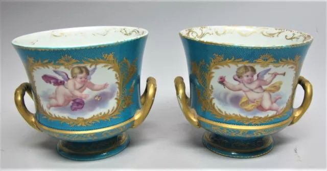 Antique 18th C. SEVRES Hand-Painted FRENCH Porcelain Cache Pot Vases  c. 1750