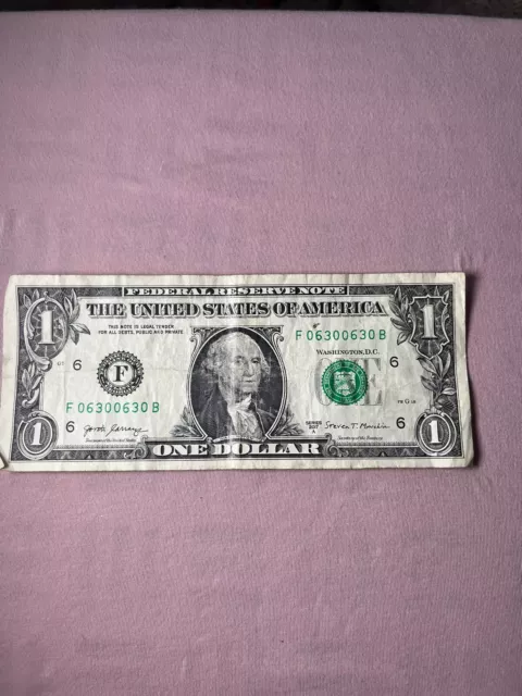 REPEATER Trinary Fancy Serial 06300630 One Dollar Bill Repeating $1 Bank Note US