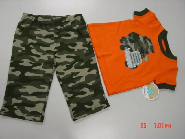 NWT Infant Boys 2 pc Carter's Outfit Shirt Pants Camouflage Orange truck monkey